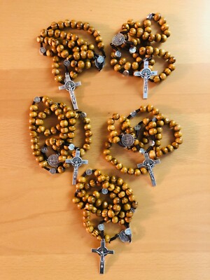 5pc St Benedict Wooden Rosary Prayer Beads Crucifix Cross Handmade FAST SHIPPING