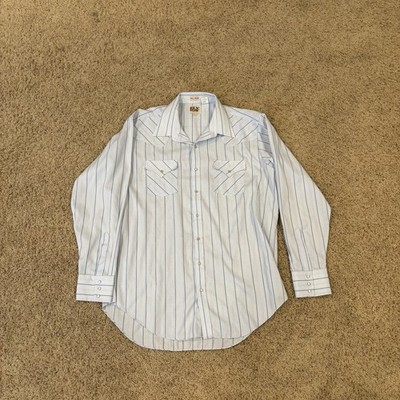 Ely Cattleman Western Shirt Mens 18 37 Tall Blue Striped Pearl Snap Long Sleeve