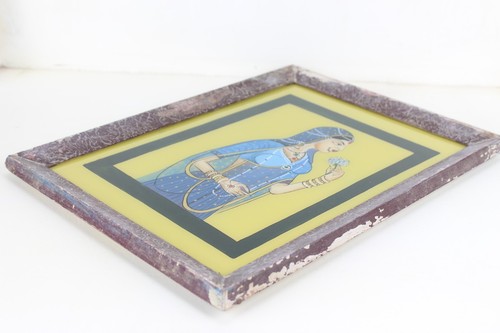 Quadro tradizionale in vetro dipinto a mano arte miniatura indiano donna che tiene fiore vecchio - Foto 9 di 10