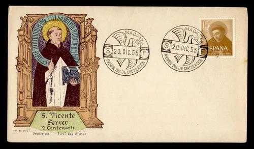 DR WHO 1955 SPAIN FDC ST VINCENTE FERRER HAND COLORED CACHET M76578