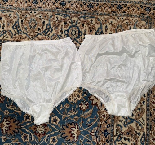 2 X CINDY ANN CANADA GRANNY PANTIES NYLON Panty Brief WHITE HIGH WAIST SIZE- L - 第 1/5 張圖片