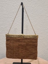 Vintage Brown Evening Bag Gold-Tone Pierced Filigree Frame Chain Strap Purse
