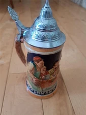 WEST GERMANY 6" BEER STEIN  FLIP TOP "FIRST DO YOUR THING THEN DRINK AND LAUGH