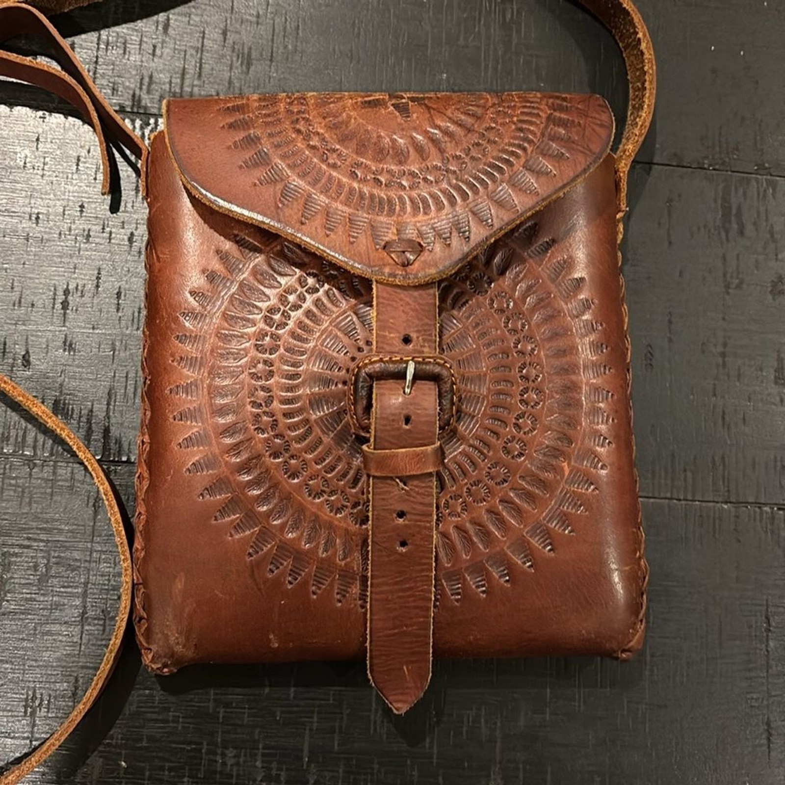 Artisan Brown Leather Tooled Pattern Boho Western… - image 1