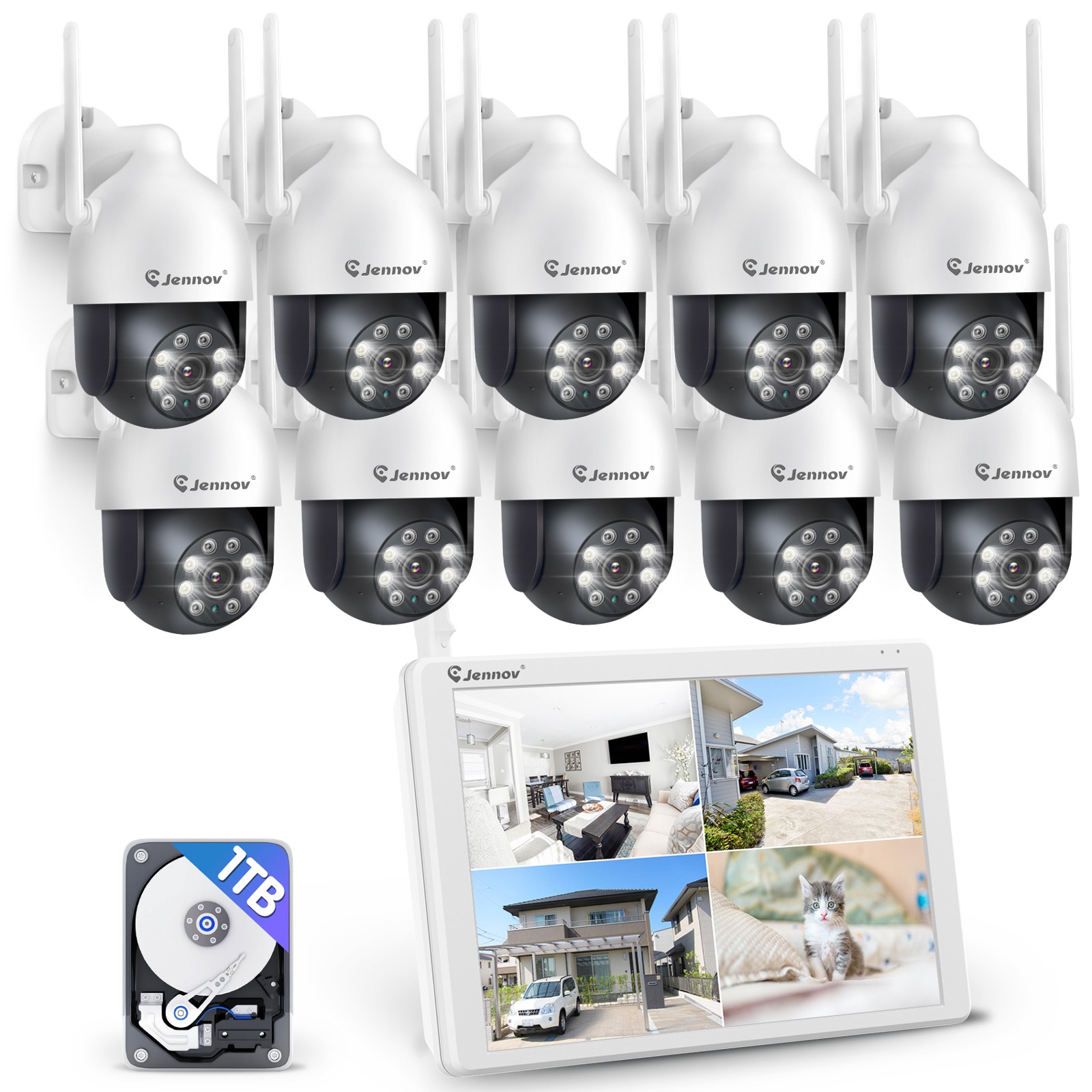 Wireless 5MP Security Camera System 10CH Wifi NVR 2-Way Audio 24/7 Recording 1TB