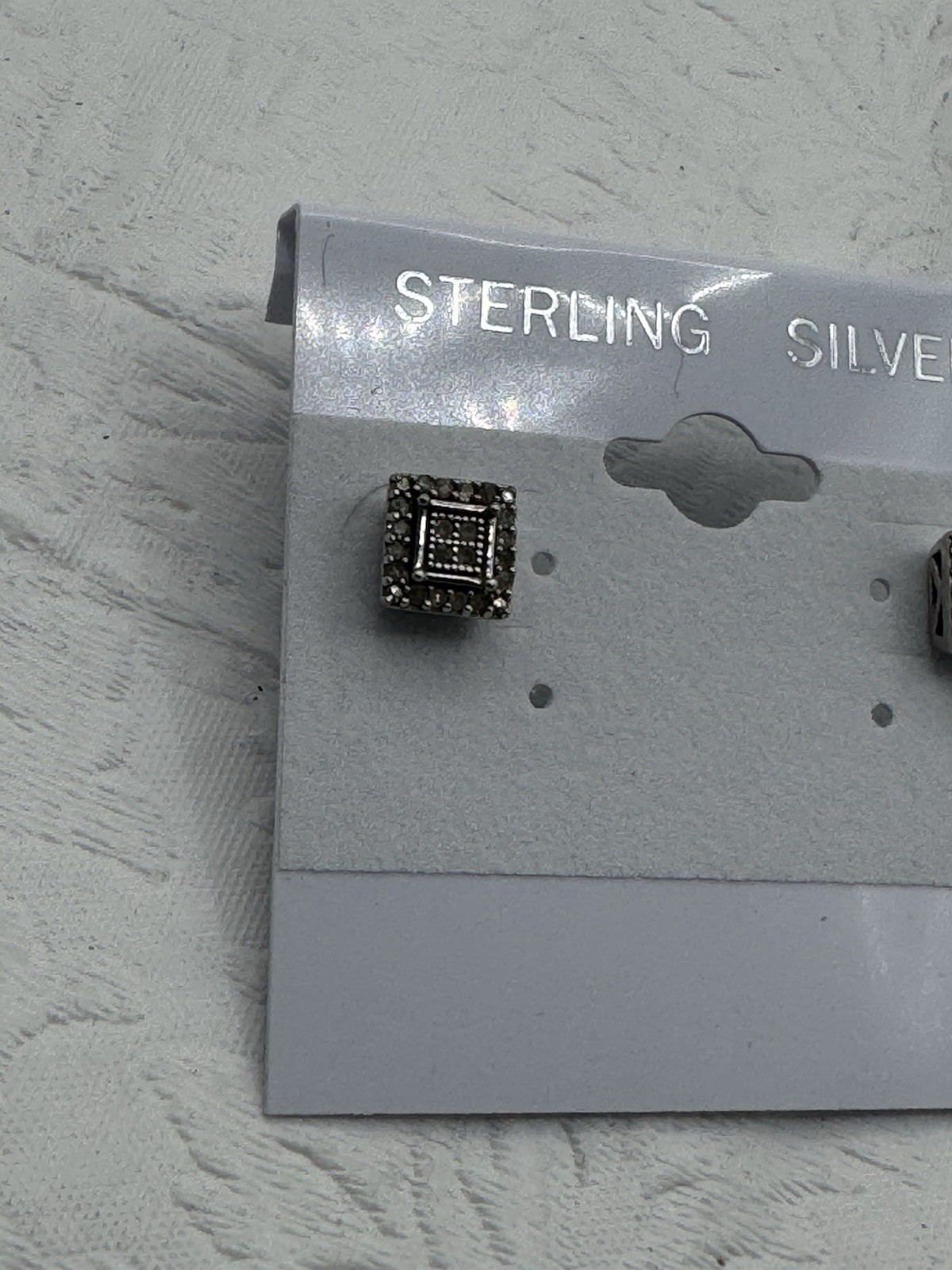Sterling Silver Diamond Square Stud Earrings Sign… - image 2
