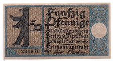 1921 Germany Berlin Notgeld 50 Pfennig Note (3385)