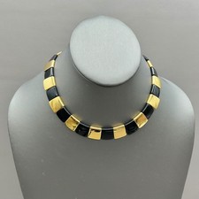 Monet Necklace Vintage Black Gold Tone Geometric Modernist Statement Collar 14"
