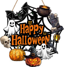 Halloween Door Decoration Wooden Ghost Wreath for Front Door Sign Pumpkin Bat Wi