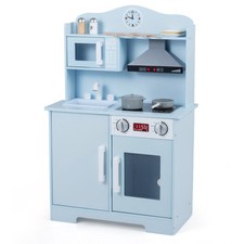 Play Kitchen for Kids Wooden Playset with Range Hood and Microwave-Blue - Color: