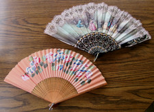 2 Vintage Hand-Held Folding Ladies Fans Victorian Colonial Scene  Hand Painted