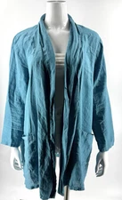 Match Point Turquoise Blue Linen Jacket Womens Size Large Open Front Pockets