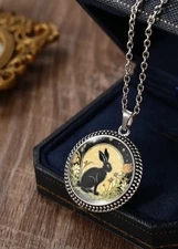 Moonlight Bunny Rabbit Necklace Garden Round Pendant Silver Tone Vintage Appeal