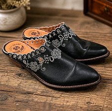 Lucky Brand Women's 7.5 Slip-on Claire Mule Clog Blk Leather Floral Embroidered