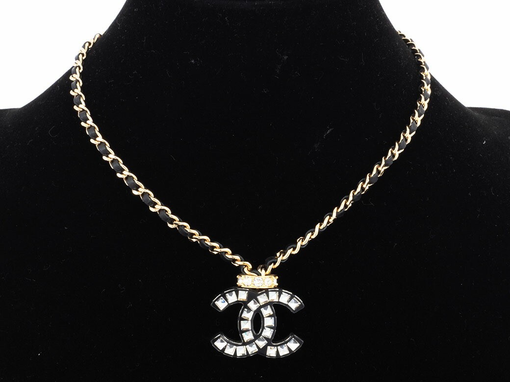 Chanel Coco Mark Leather Choker Necklace Metal Rhinestone Black