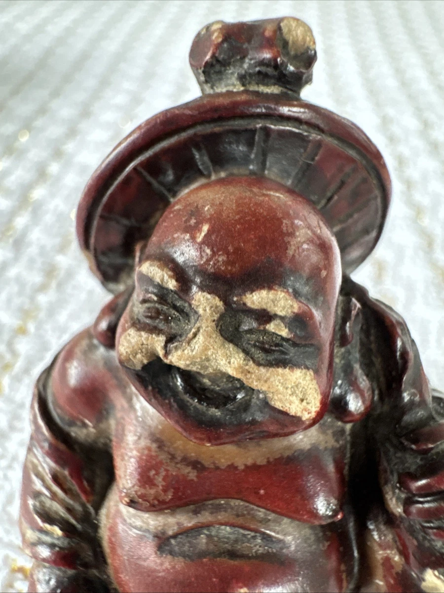 Vintage Laughing Buddha Figurine Of Red Resin Preowned Asian Decor 2.25”