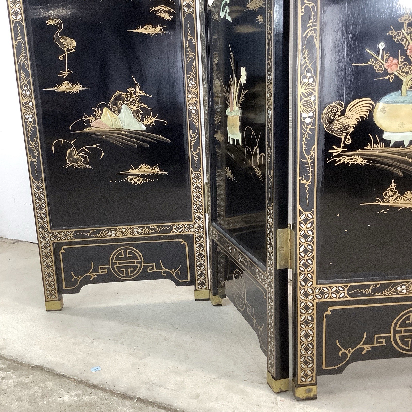 Vintage Black Lacquer Chinoiserie Folding Screen