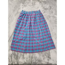 Vintage 80s Gotcha Covered Plaid Cotton Pleated Midi Skirt Size 14 Blue Preppy