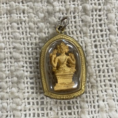 Gold Toned Cased Thai Phra Phrom Four-Faced Brahma Amulet Charm Pendant
