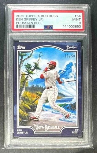 2025 Topps X Bob Ross Joy Of Baseball Bat On Ball Ken Griffey Jr Blue /50 PSA 9