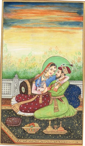 Indian Miniature Painting Of Mughal Emperor & Empress in Love Art 6x8.5 Inches - Picture 3 of 6