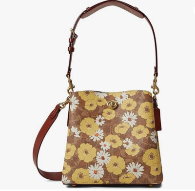 NEW Authentic COACH Coated Canvas Floral Print WILLOW Bucket Leather Tan/Rust