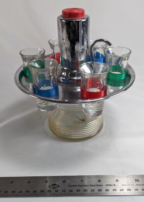MCM Atomic Chrome Liquor Dispenser Decanter Set w/6 Shot Glasses