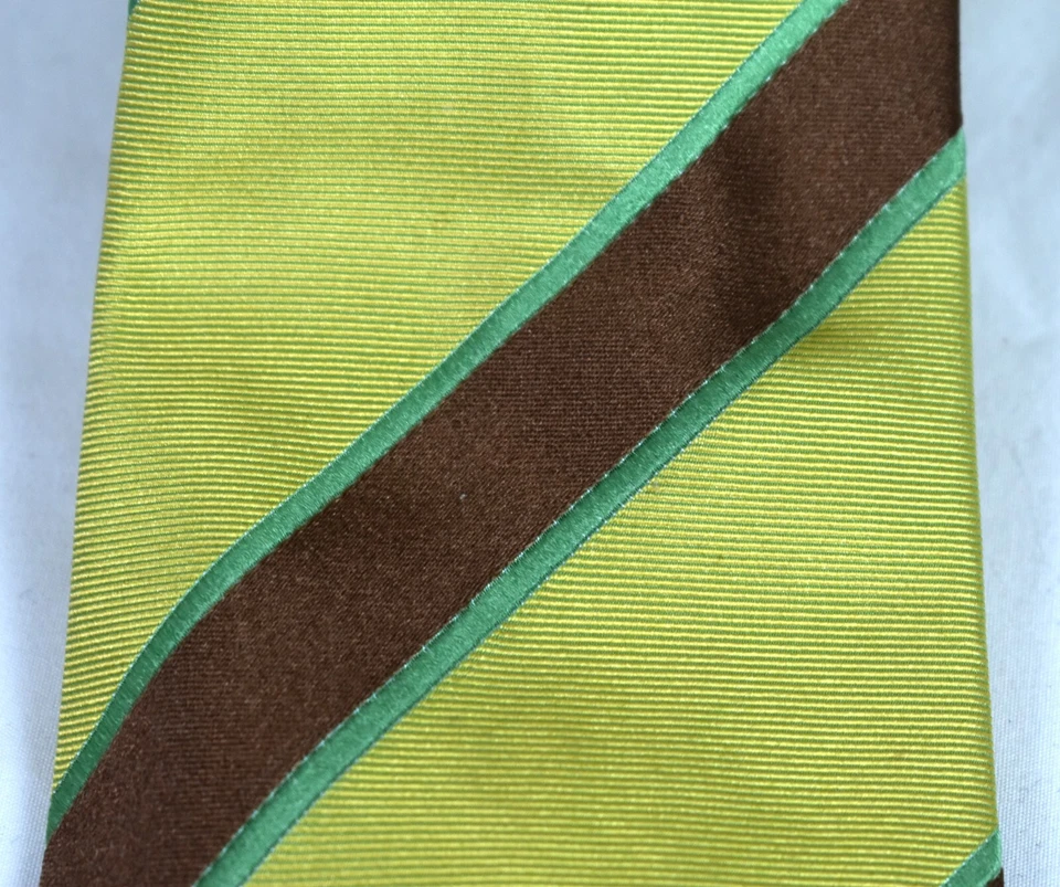 Corbata Xlent KITON dorada con rayas verdes marrones claros 5 pliegues 100 % seda 3,75 x 57 Foto 3 de 4