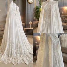 Muslim White Wedding Dresses Lace Applique Long Sleeves With Cape Bridal Gowns