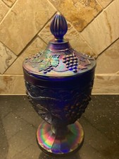 Lovely Imperial Glass Blue Iridescent Grape Candy Dish With Lid