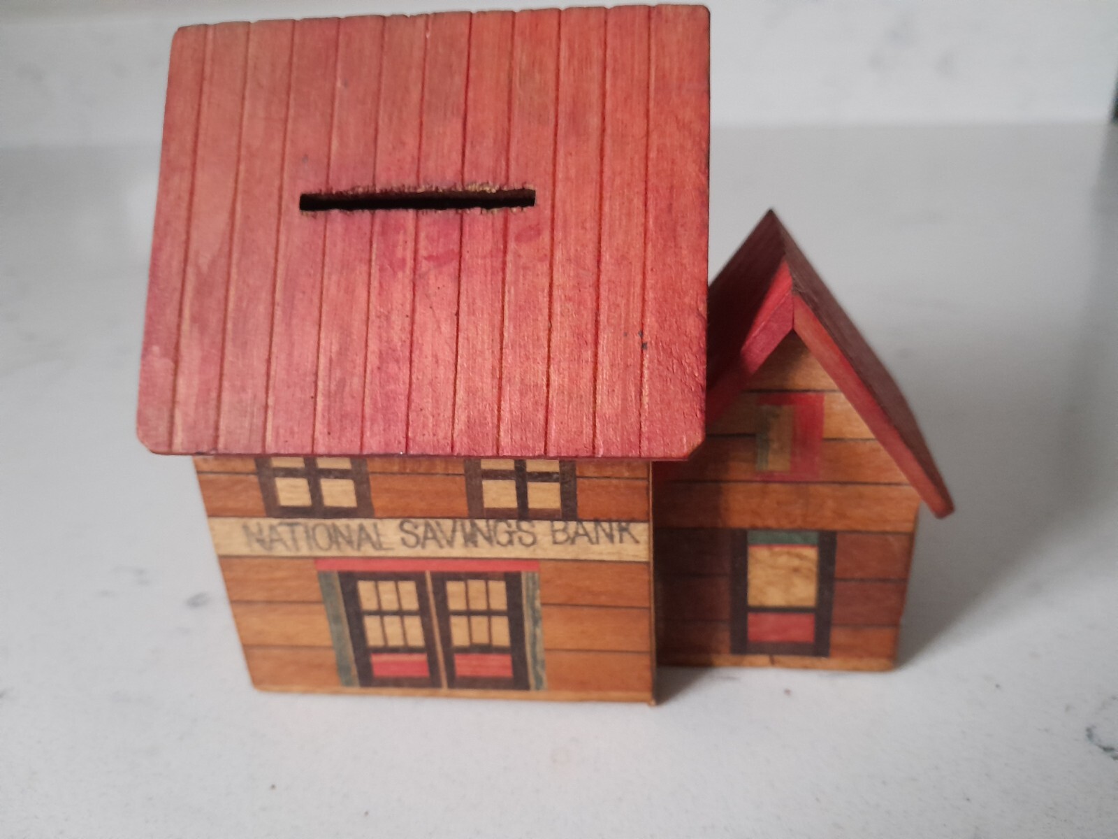 Vintage Folk Art Painted Wooden National Savings Bank Coin Bank