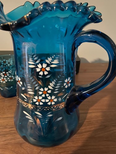 Antique Pitcher Victorian RuffleBLUE GLASS Painted PITCHER 2 Tumblers Handblown - Picture 5 of 7