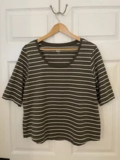 Lands’ End Womens L 14-16 Green White Stripe Cotton Shortsleeved Top NWOTags