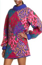 NEW Farm Rio Mixed Leopard Pop Long Sleeve Sweater Dress Animal Print Size Large
