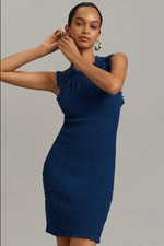 New with tags! By Anthropologie Ruffle-Trim Textured Mini Dress Blue XS $158