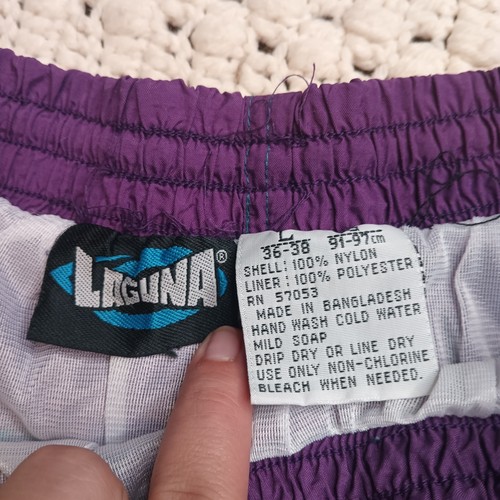 Vtg Laguna Mens L Purple Teal Black Color Block 90s Lined Swim Trunks Rad Nylon - Picture 4 of 14