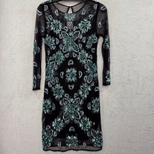 Aidan Mattox Sequin Beaded Mesh Black Floral Turquoise Mini Bodycon Dress 4