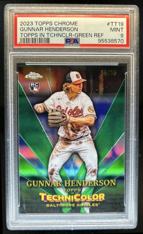2023 Topps Chrome Gunnar Henderson in Technicolor RC Green Refractor #/99 PSA 9