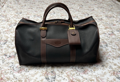 Dunhill Boston Weekender Bag Brown Leather Black Coated Canvas With Luggage Tag