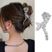 Silver Rose Metal Hair Claw Clips - Large Non-Slip Thick Grip Headdress Accessor