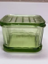 Green Vaseline Glass Refrigerator Dish with Lid
