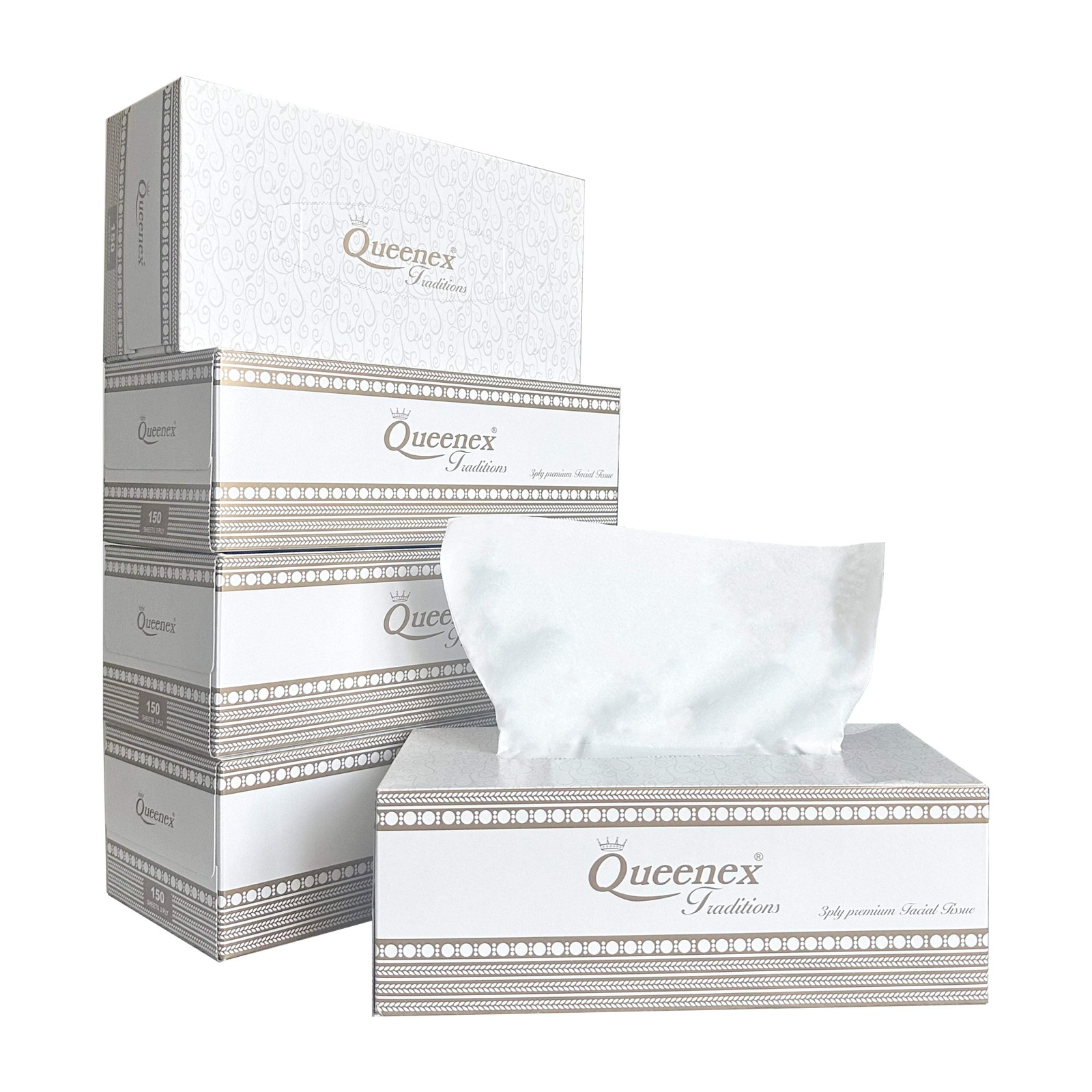 Queenex Ultra Soft Facial Tissues, 150 Tissues per Box, 3-Ply (5-Pack)