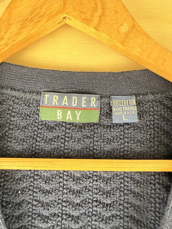 Made USA Vintage Trader Bay Button Hand Framed Cardigan Knit Large Sweater Navy - Image 4 of 4