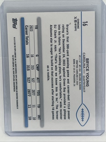2024 Topps Chrome - Bryce Young #16 X-Fractor Panthers - Bild 2 von 2