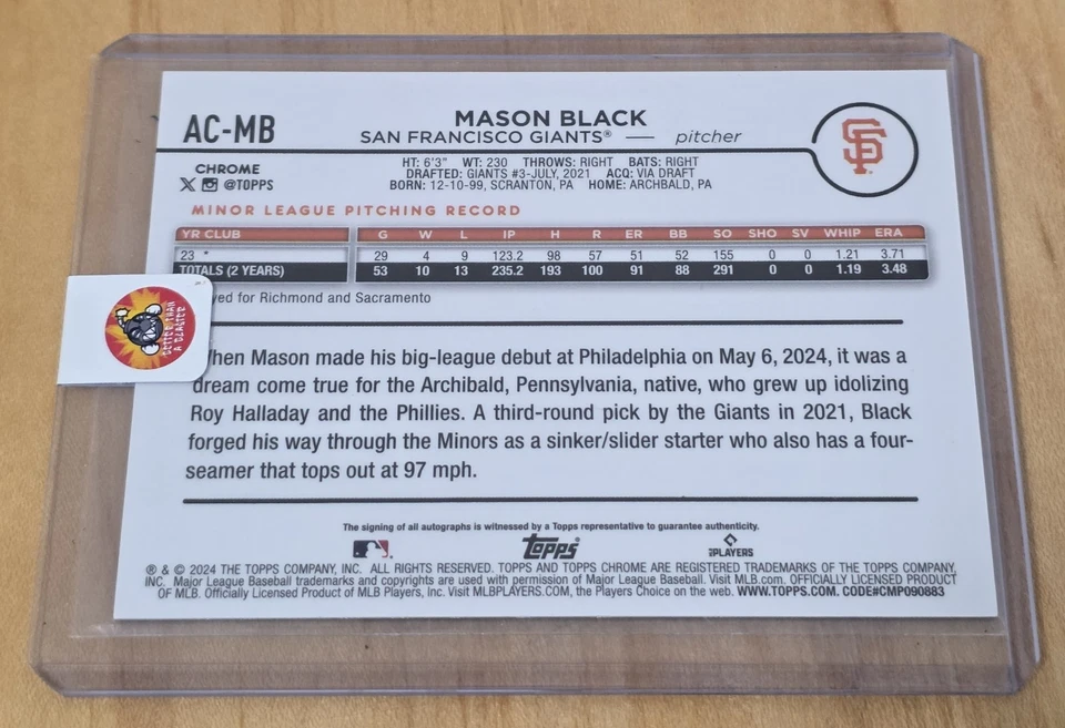 Mason Black 2024 Topps Chrome Update GOLD ⭐️ AUTO # 08/50 Giants Rookie - Image 2 of 2