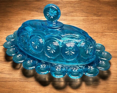 Vintage Moon And Stars Aqua Blue Glass Oval Butter Dish With Lid FLEABITES