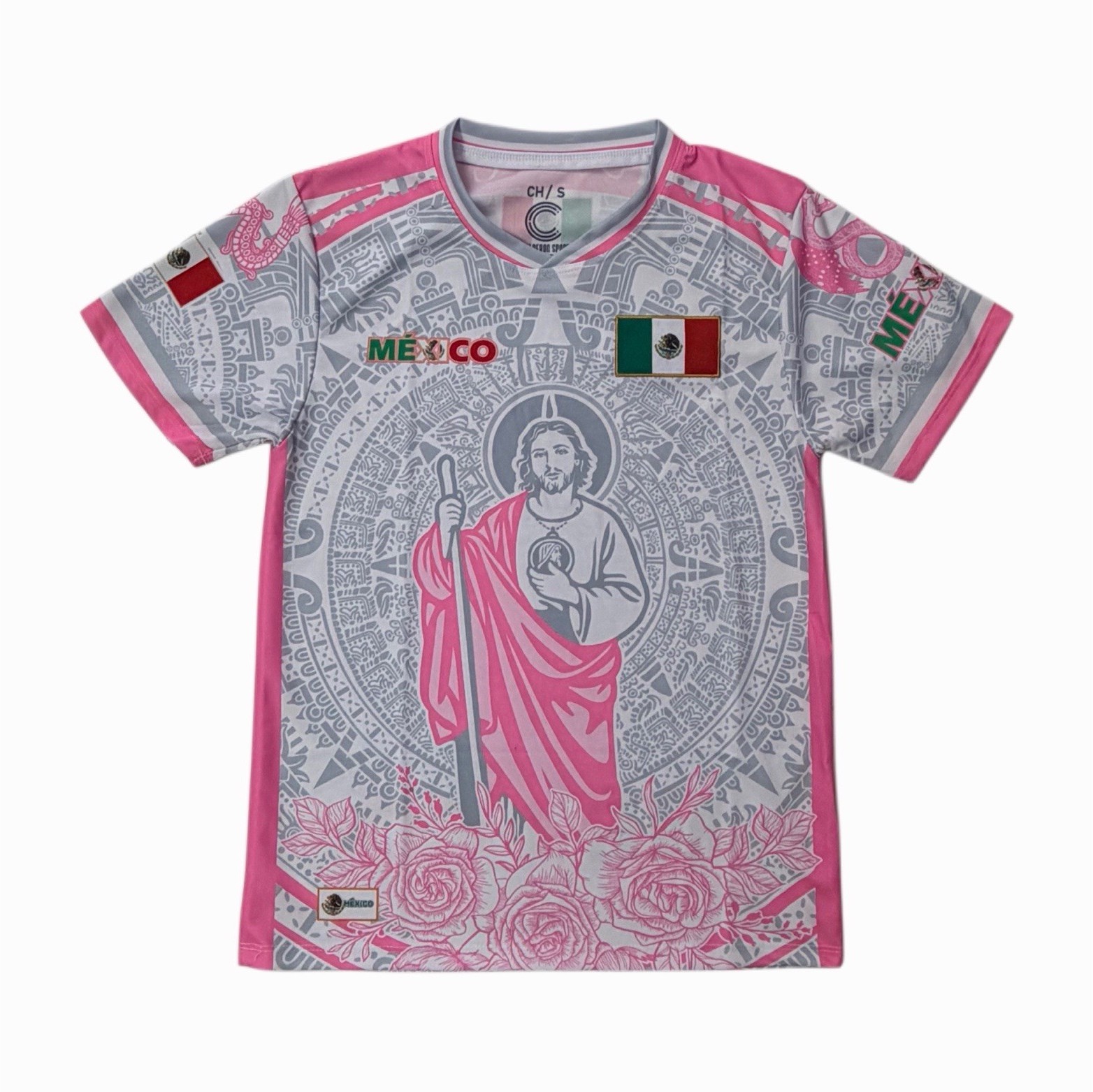 San Juditas Grey/Pink Mexico Soccer Jersey Flag Graphic Short Sleeve Polyester