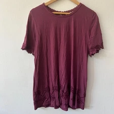 Logo Lori Goldstein Short Sleeve Top Womens Large Purple Keyhole Embroidered