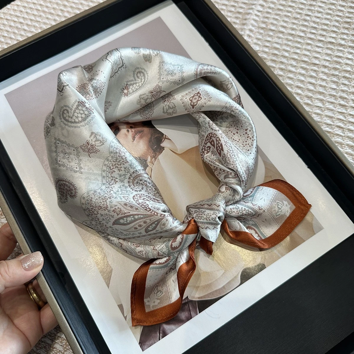New Women's Square Silk Scarf with Beige Cashew Flower Design and Mulberry Silk