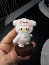 Handmade Micro Crochet Hello Kitty Magnetic Puppy Head Wooden Stand Figure OOAK